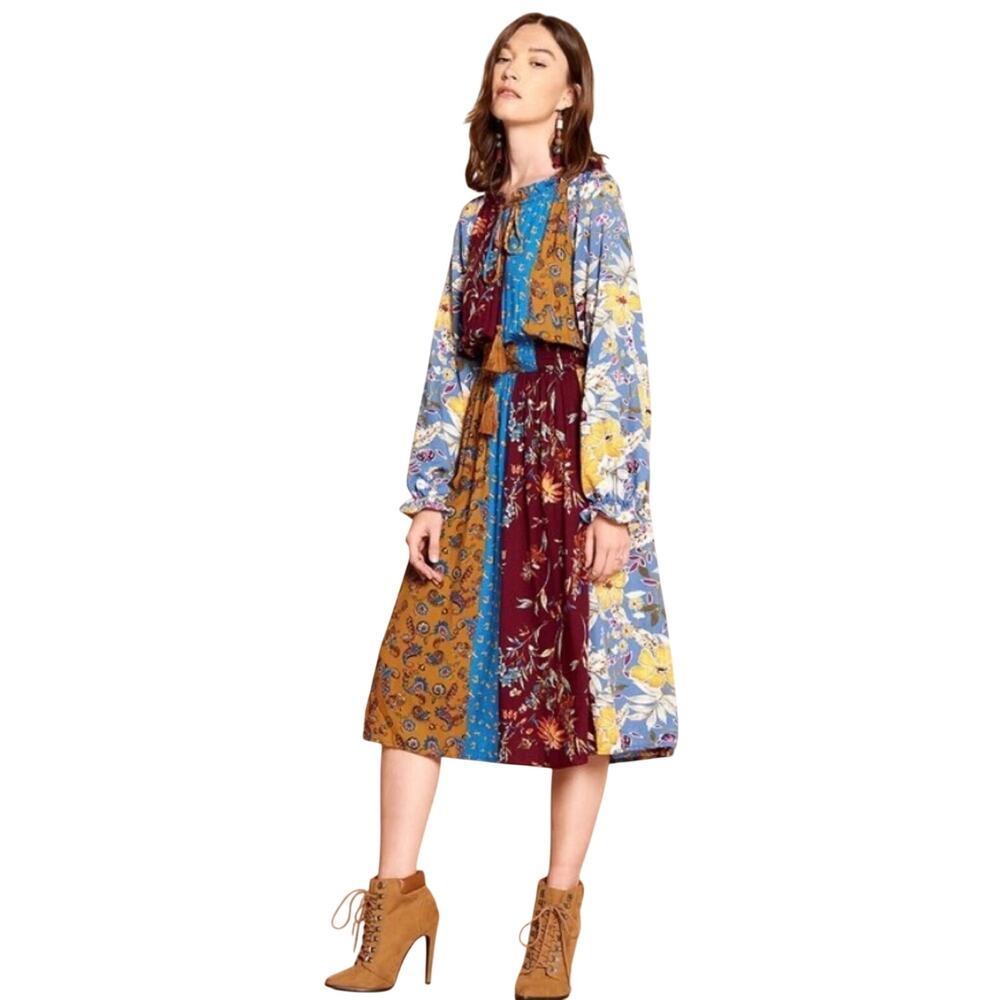 Oddi ODDY Bohemian Patchwork Mixed Print Midi Dress Bishop Sleeve Floral Large